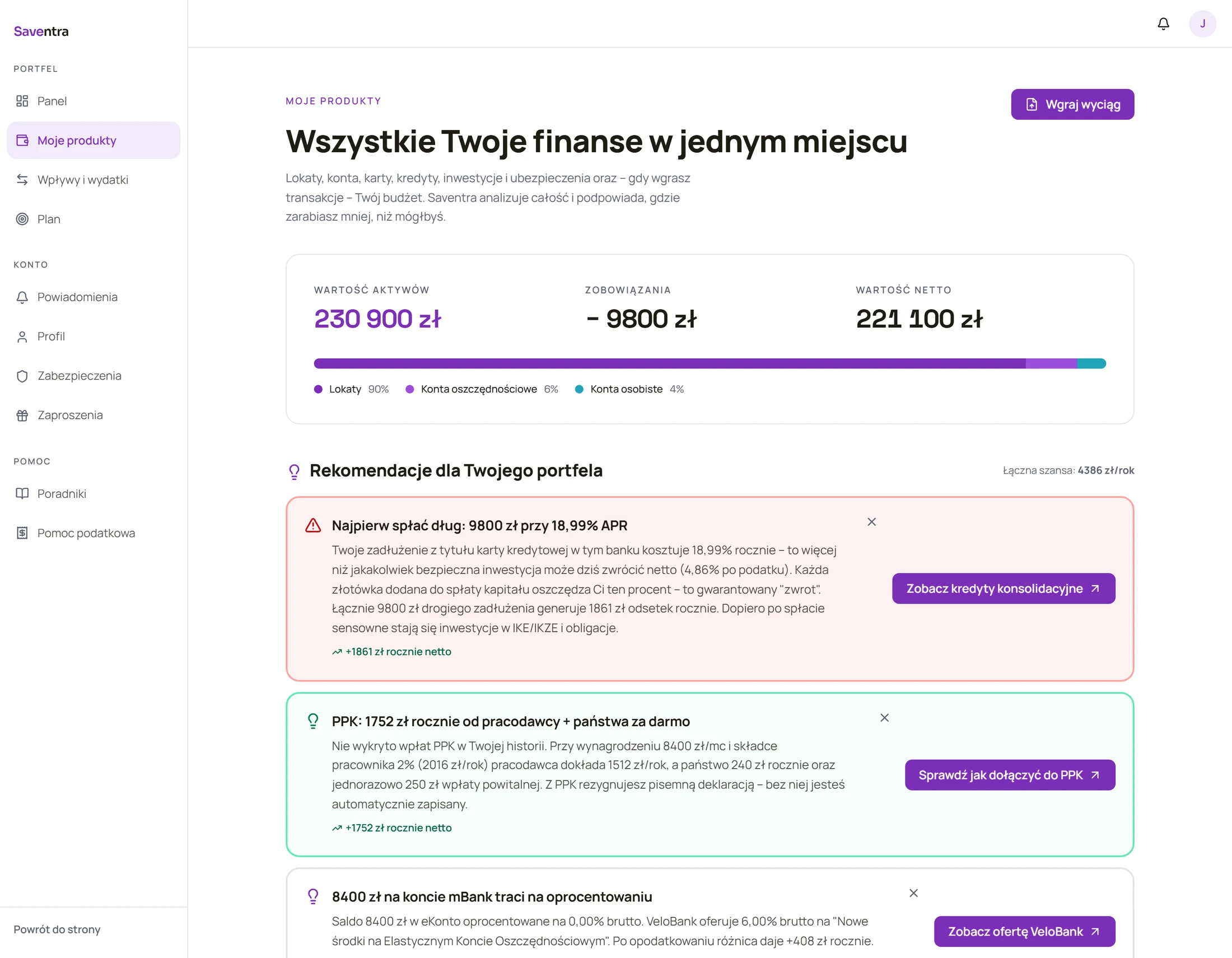 Moje produkty w Saventrze: lokaty, konta, karty i kredyty w jednym miejscu z rekomendacjami